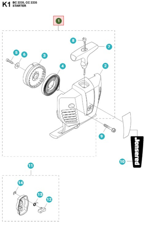 Startapparathus Jonsered CC2235, CC2236, BC2235, GC2236 i gruppen Reservdelar Röjsågar / Startsystem & startdelar / Startapparat hos Motorsågsbutiken (5441284-02)